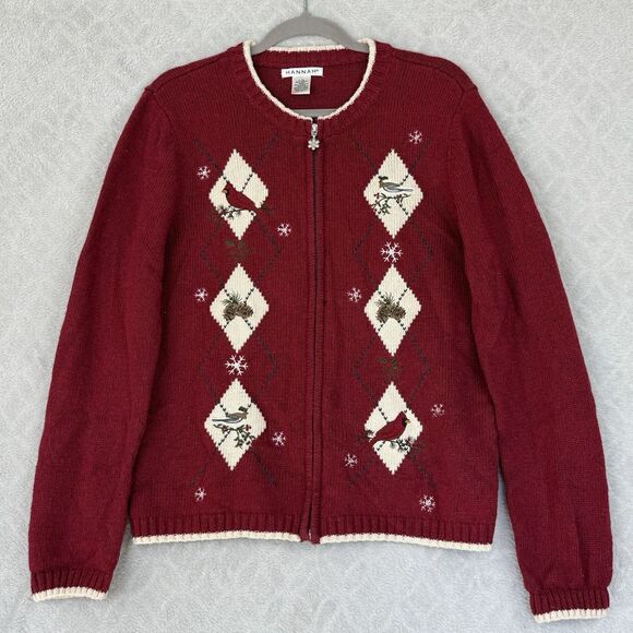 Vtg Holiday Sweater Womens L Red Full Zip Christmas Winter Bird Cardinal Grandma - Picture 1 of 11